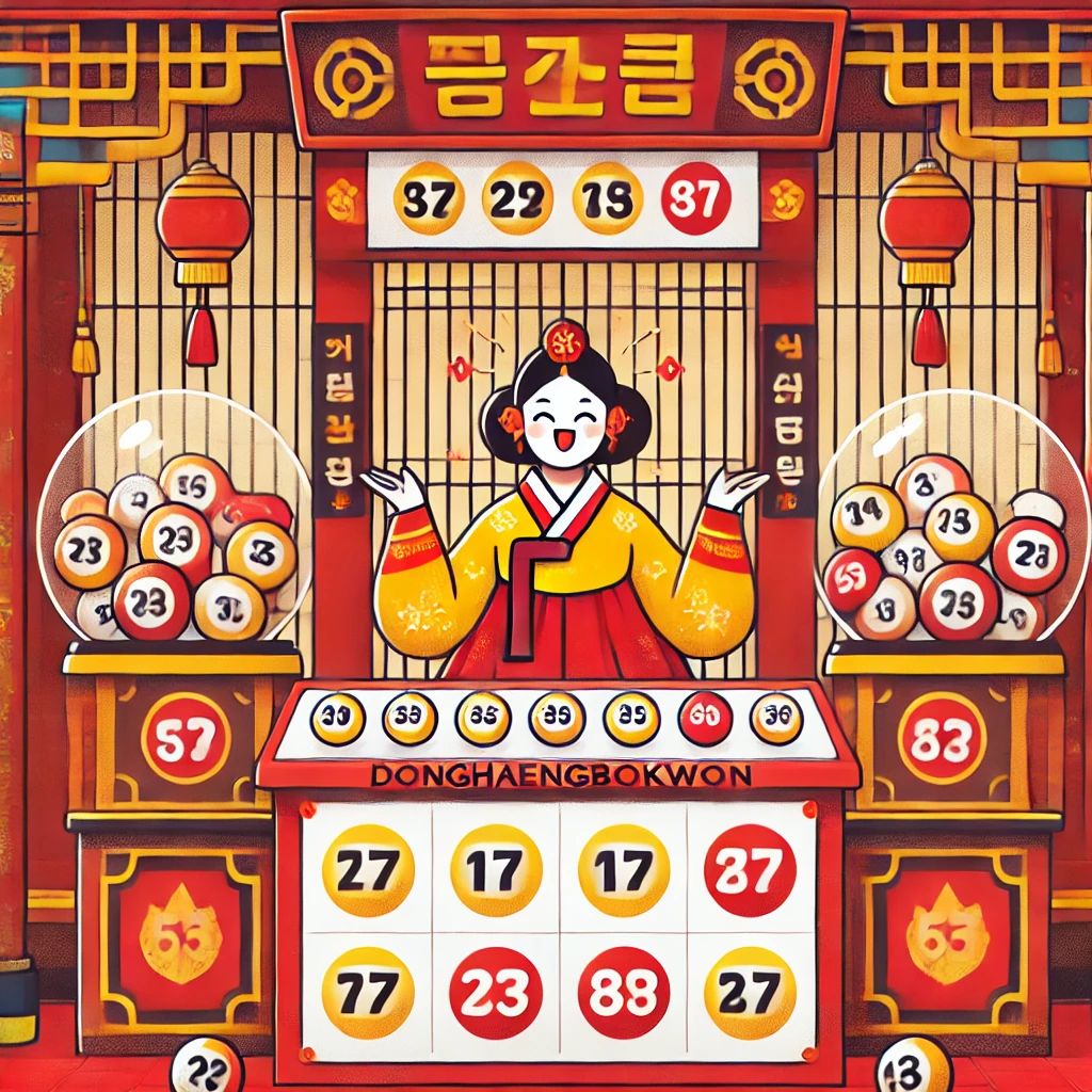 DALL·E 2025-02-18 17.43.19 - A Korean-style Powerball lottery scene inspired by Donghaengbokwon (동행복권). The image features a traditional lottery atmosphere with numbered balls, a