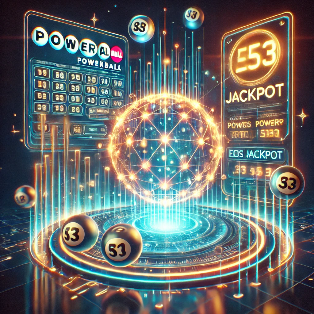 DALL·E 2025-02-27 03.59.22 - A futuristic digital illustration of an online Powerball and EOS Powerball lottery concept. The image features a glowing Powerball lottery ticket in t